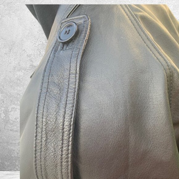 Leather Button Front Belted Trench Coat Men's Black Size XL - Picture 12 of 16